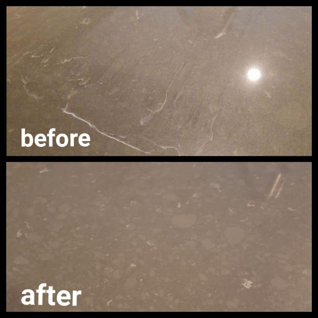 The image shows a "before" and "after" comparison of a floor surface. The "before" image at the top depicts a dull, scratched floor, while the "after" image below shows the floor restored with a smooth, reflective finish, suggesting a successful cleaning or refinishing.